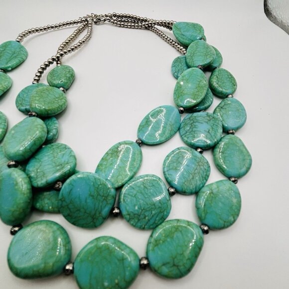 Triple Strand Faux Turquoise Beaded Statement Necklace 16” - Picture 2 of 4